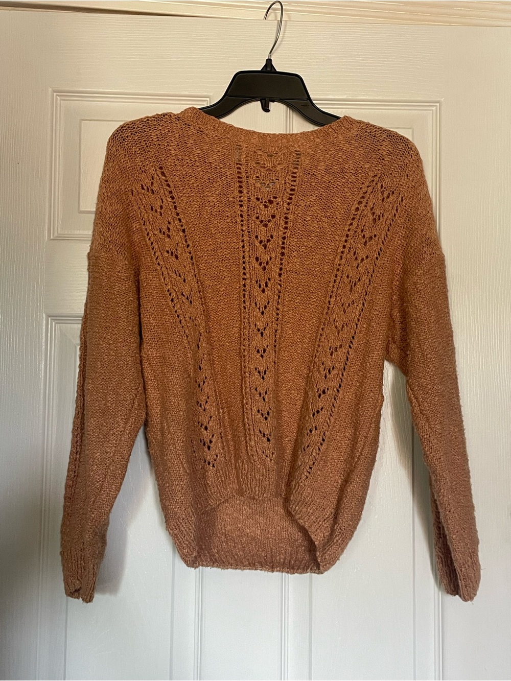 Cozy Openwork Crewneck Sweater - Rust Brown - Handmade by local small business